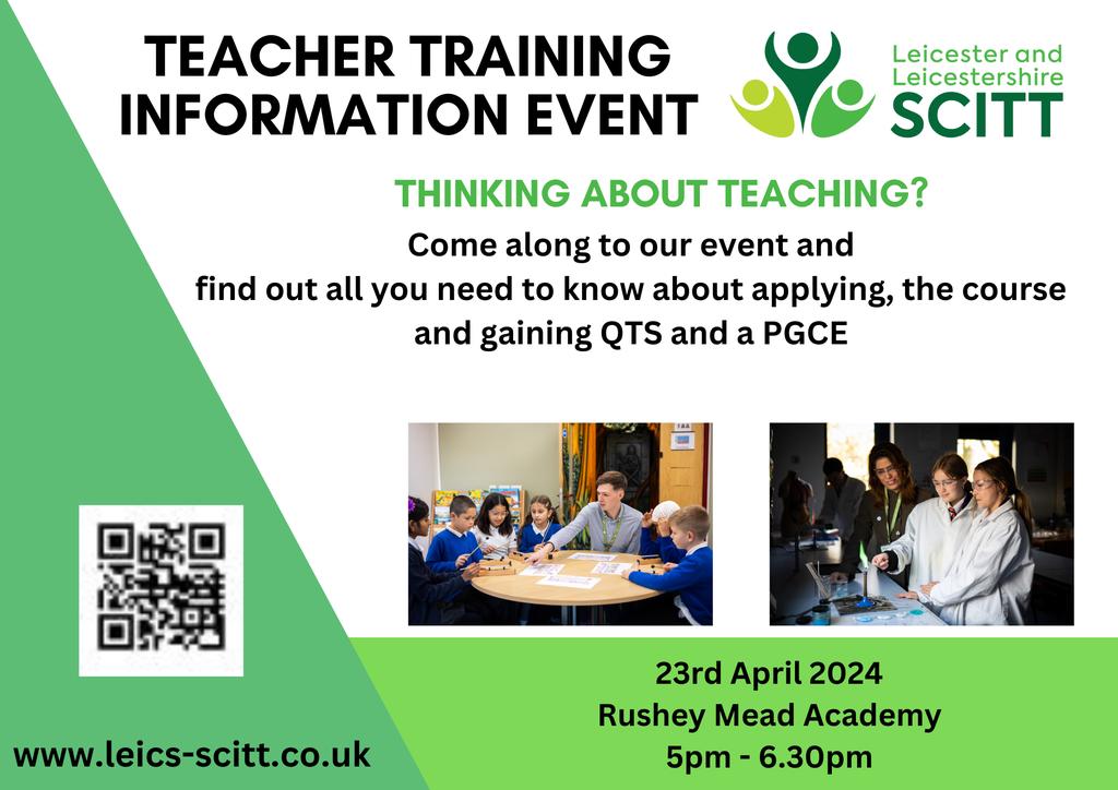 On Tuesday 23rd April we have an exciting teacher training event at Rushey Mead Academy, 5pm – 6pm.

Book now and take the first step to a new and rewarding career.

Book here - forms.office.com/e/tg9n434jPB