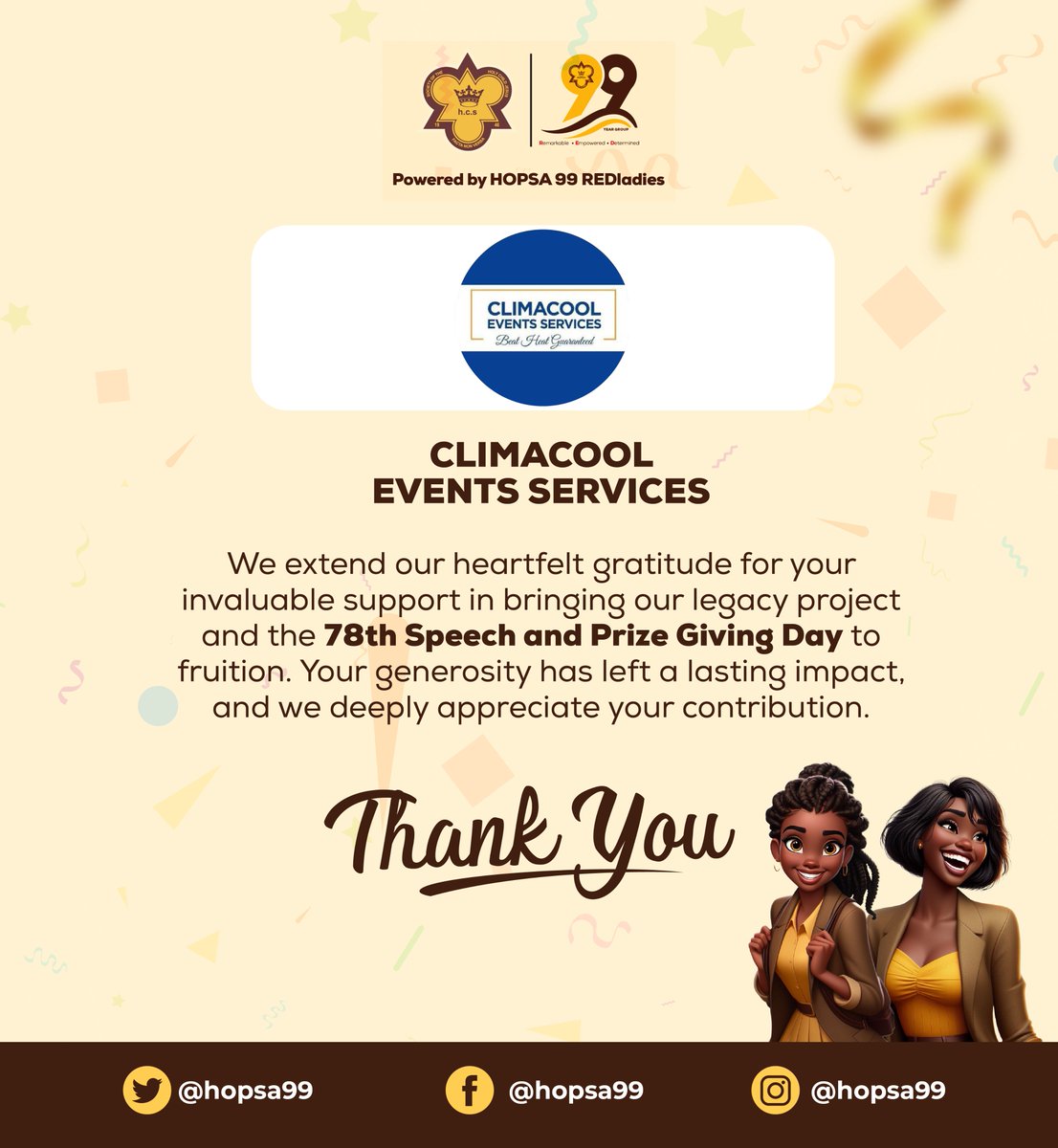 hopsa99's tweet photo. Extending heartfelt thanks to our incredible corporate sponsors for fueling the success of our 78th Speech and Prize Giving Day! #GratefulHeart #HOPSA99 #78thHCSSpeechDay #REDLadies https://t.co/jHY5EGkR6p