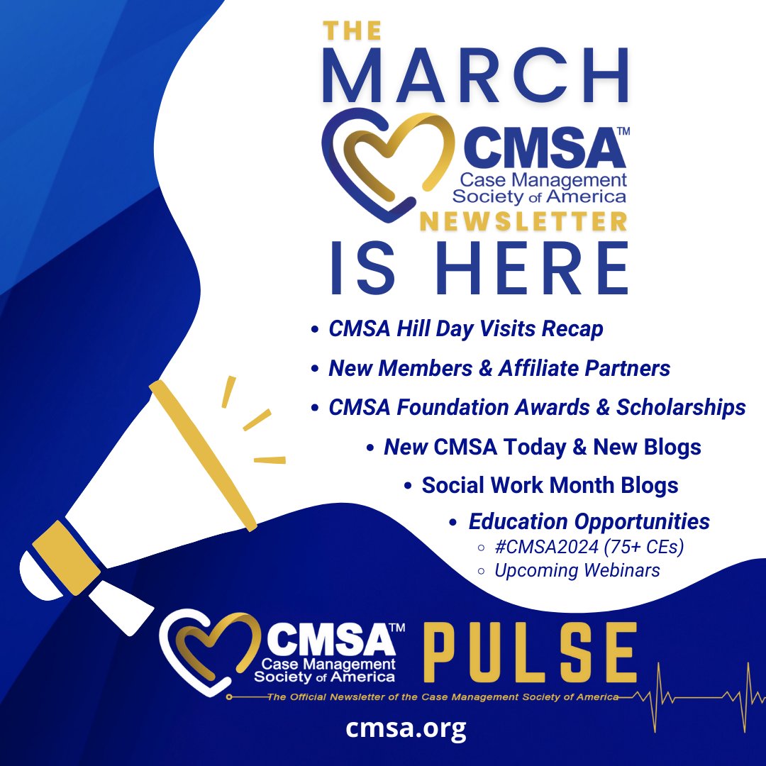 CMSANational's tweet image. March #CMSAPulse Newsletter Alert! 🔗bit.ly/CMSAPulseMar20…
- 2024 #CMSA Hill Day Visits Recap
- Education Opportunities like #CMSA2024 (75+ CEs)
- CMSA Foundation awards, scholarships &amp;amp; more
- New Issue of CMSA Today
- CMSA Blogs celebrating #SocialWorkMonth
#CaseManagement