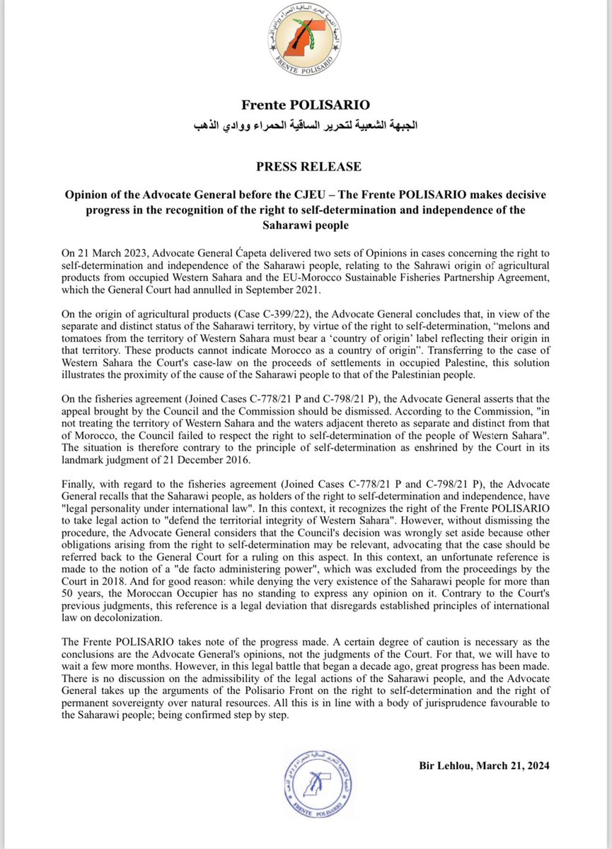 Press Release of the Frente #POLISARIO on the Opinion of the Advocate General of the Court of Justice of the European Union (CJEU)