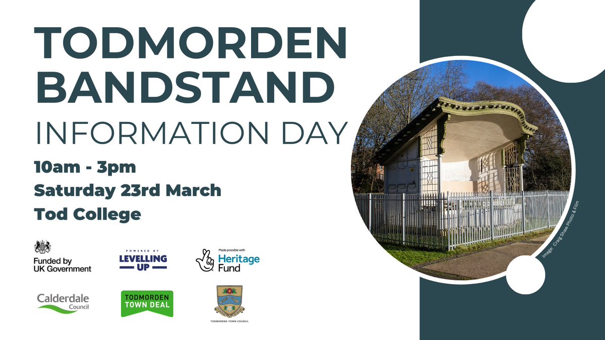 SEE YOU TOMORROW! 10am-3pm,Tod College. Explore  design options for the Bandstand. We want to hear from you! The bandstand renovation is part of #todmordentowndeal follow @Tod_TownDeal for more information on all  projects under the Todmorden Town Deal umbrella.