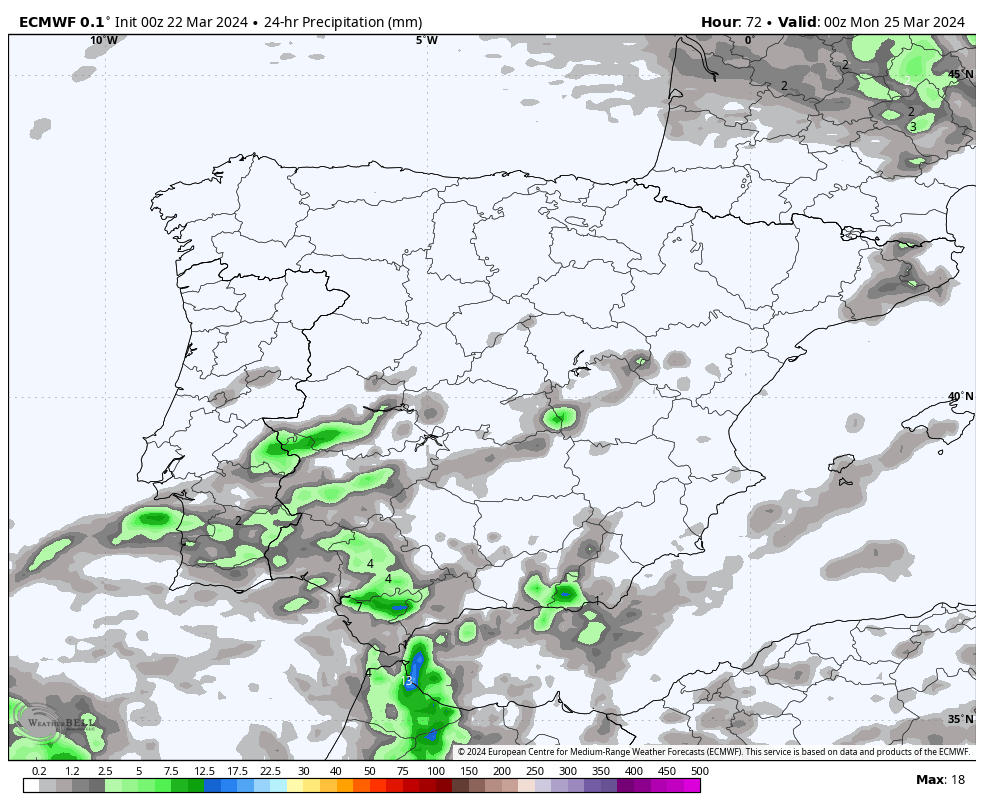 Storm_Malaga's tweet photo. Precipitaciones estimadas en 24 horas para el sábado, domingo, lunes y martes. https://t.co/RWrMxRN9Jt