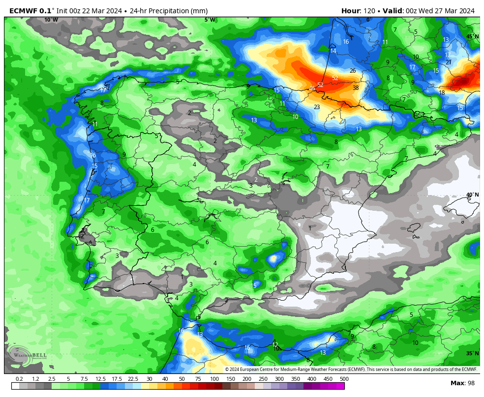 Storm_Malaga's tweet photo. Precipitaciones estimadas en 24 horas para el sábado, domingo, lunes y martes. https://t.co/RWrMxRN9Jt