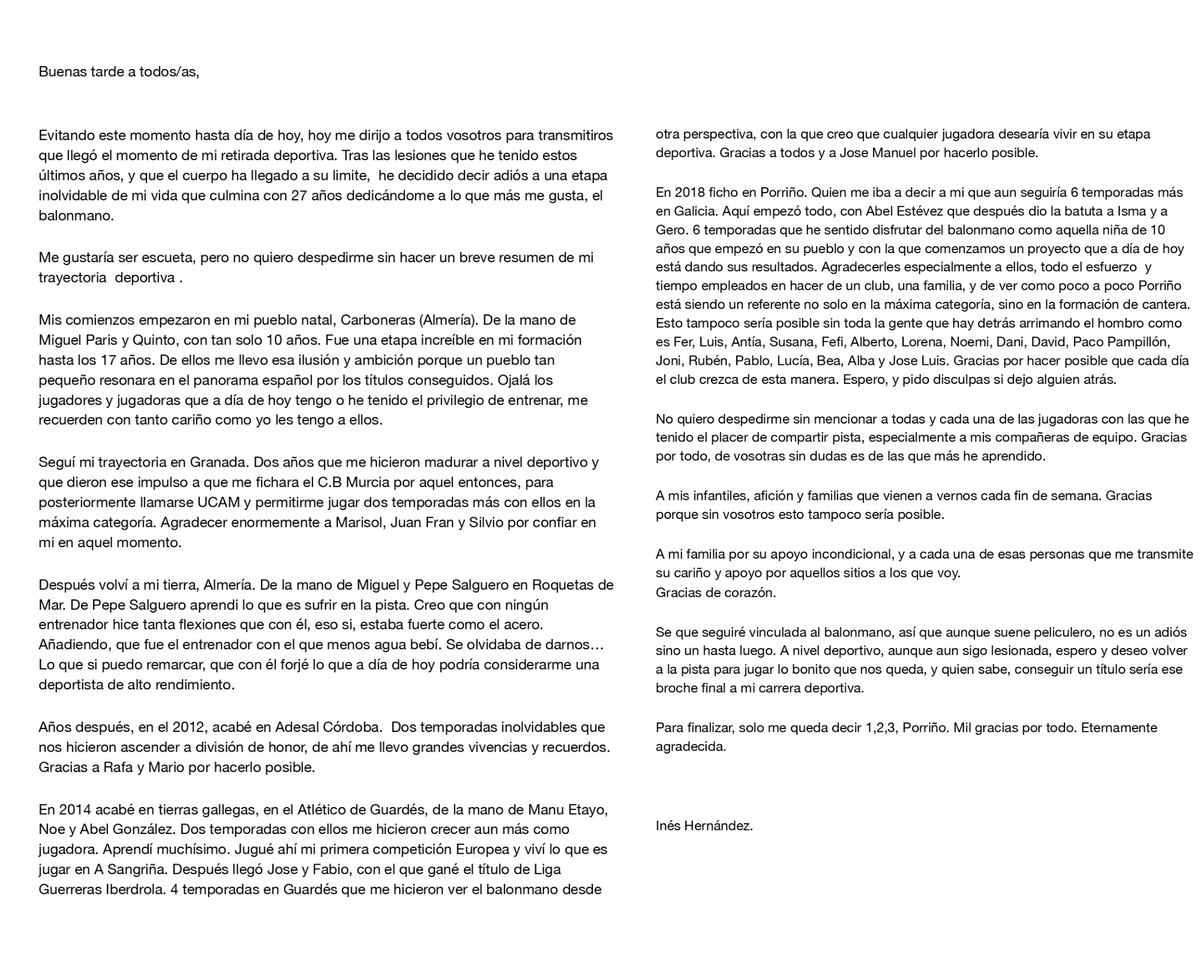 Inés Hernández deixa as pistas ao final de tempada.

🔴Así o anunciou onte xunto ás súas compañeiras e infantís que, unha vez terminada a tempada, poñería punto e final a 27 anos de carreira 

Grazas por confiar en nós. 🫂