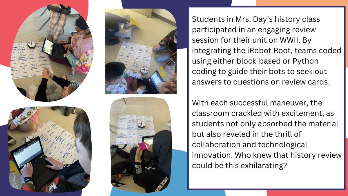 @LCPSOfficial: Time for another Computer Science Teacher Spotlight! This week, we highlight @MsHDay from @JML_MS_Official. To help her Ss review their unit on WWII, she incorporated the @iRobotEducation and had Ss work in groups to code their Root to find the answers.