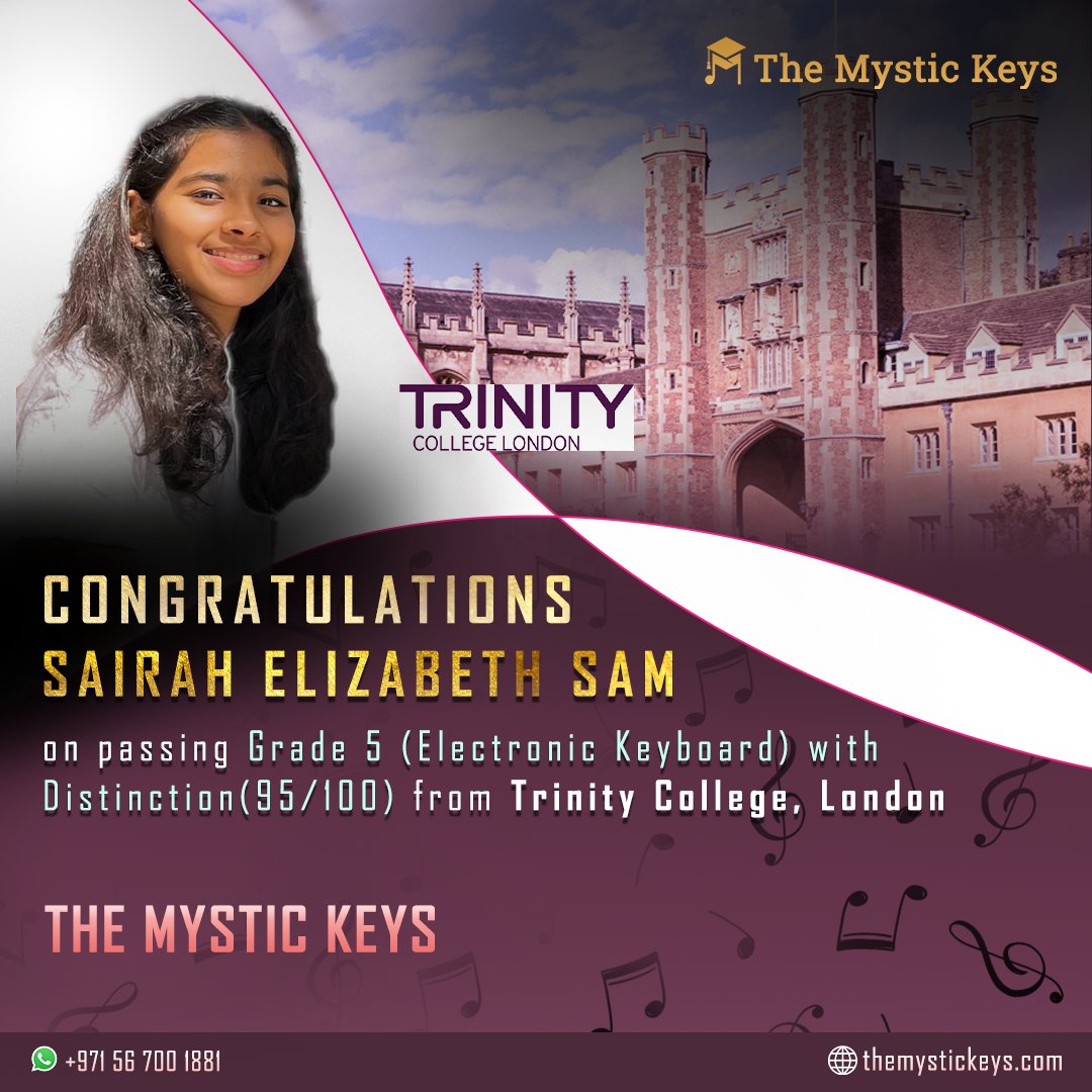 Sairah, congratulations on your remarkable achievement of Distinction in the Trinity exams for Electronic Keyboard!  #distinction #trinity #keyboard #musiclearning #themystickeys #musicexam #trinityexam #trinitycollege #musicsuccess #keyboardlessons #studentreview