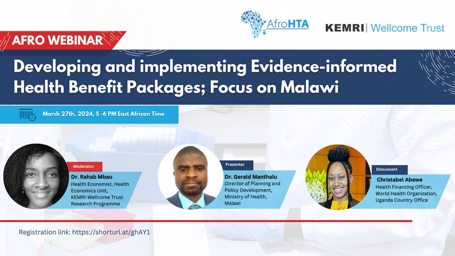 📢 Webinar Alert!  

Interested in learning how #Malawi developed its health benefits package (HBP)?

Join us for a webinar on Malawi’s experience with developing, revising, and implementing a HBP. 

27th March 2024, 5:00 EAT  

Registration link: shorturl.at/ghAY1

#HTA