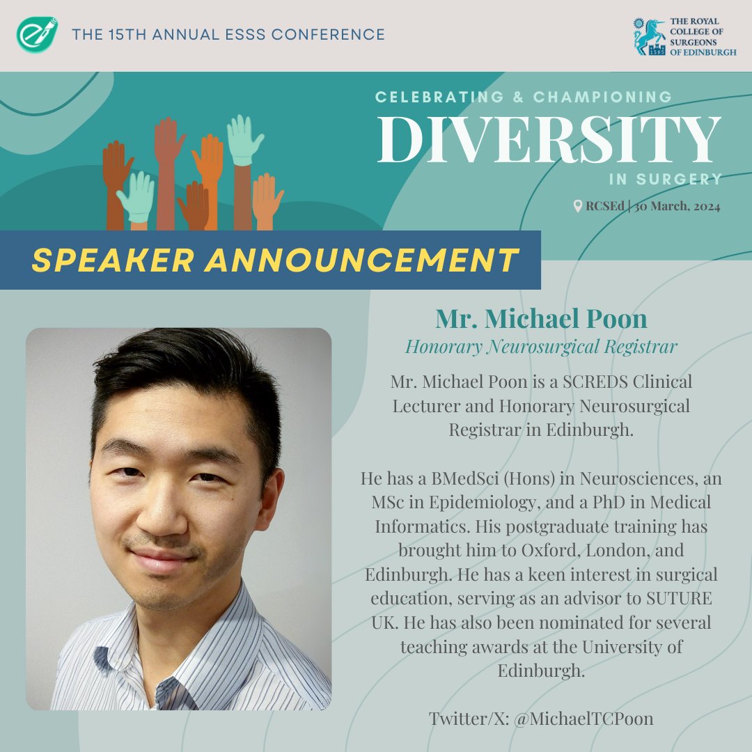 ESSS (@edsurgsoc) on Twitter photo π’ We are pleased to introduce Mr Michael Poon will be delivering a talk entitled 'An Insider's Neurosurgical View on Diversity in Surgical Training' at the ESSS 15th Annual Conference
ποΈ Secure your space on March 30th, RCSEd: share.medall.org/events/esss-15β¦
#ESSS2024 π’ We are pleased to introduce Mr Michael Poon will be delivering a talk entitled 'An Insider's Neurosurgical View on Diversity in Surgical Training' at the ESSS 15th Annual Conference
ποΈ Secure your space on March 30th, RCSEd: share.medall.org/events/esss-15β¦
#ESSS2024