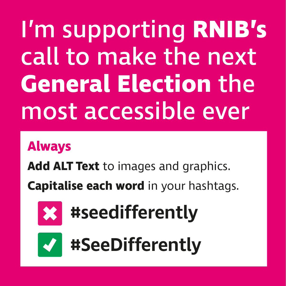 I am supporting @RNIB’s call to make #GE24 the most accessible ever. Join us and #AddAltText to your pictures & capitalise your #Hashtags #AltTextDay