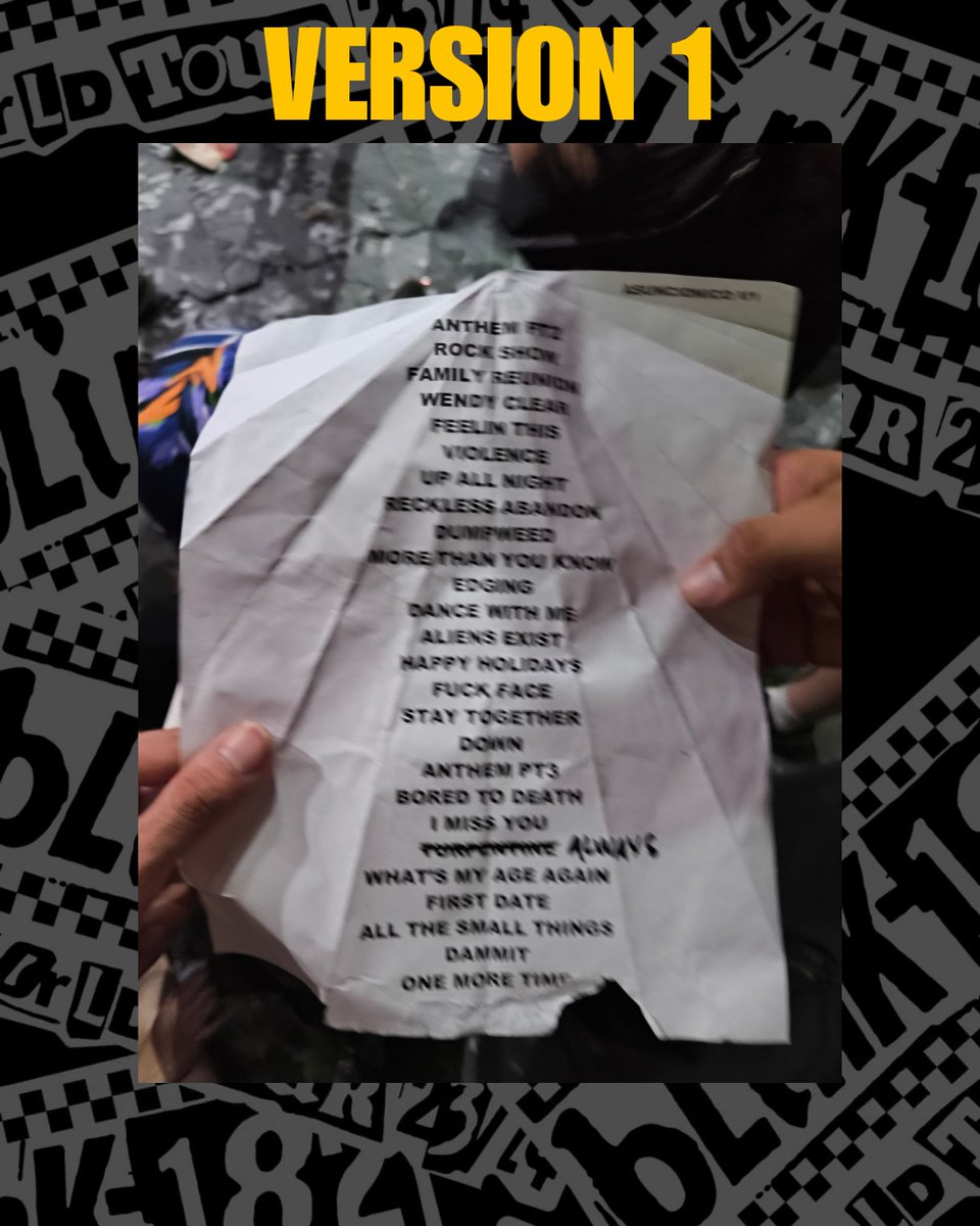 blink182py's tweet photo. 🗒️ SETLIST
blink-182 live at Asuncionico 🇵🇾 Asunción, Paraguay 19/03/2024

🔍Observaciones:  luego de analizar detenidamente todo lo sucedido, estás fueron nuestras conclusiones:
👉🏻 Tom DeLonge sufrió de cambio un golpe de calor y la banda tuvo que hacer unos ajustes:
🟩 Tocaron "Blow Job" que no estaba en la lista
🥁 Travis Barker hizo un Drum Solo para hacer tiempo
3️⃣ "Happy Holidays, You Bastard" sonó 3 veces (versión normal, versión rápida, versión sin guitarra)
❌ Sacaron "EDGING" por los minutos perdidos mientras Tom se recuperaba
🟰 Cambiaron canciones:
⬆️ Man Overboard  🔻Aliens Exist
⬆️ Always*                🔻 TURPENTINE

*Always aparecía en el setlist (V2) que subió Travis Barker en Snapchat pero nos dimos cuenta que en la V1 aparecía TURPENTINE y fue tachado para poner Always, por eso creemos que fue un cambio a última hora.