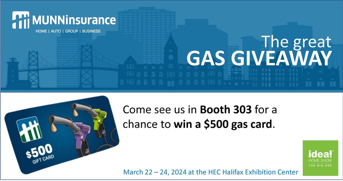 MunnInsurance's tweet image. 🏠🚗 Excited for the Nova Scotia Spring Ideal Home Show this weekend in Halifax? Swing by Booth 303 and chat with some of the folks from Munn Insurance about all your insurance needs! Plus, enter to win a $500 gas gift card! 🎉
