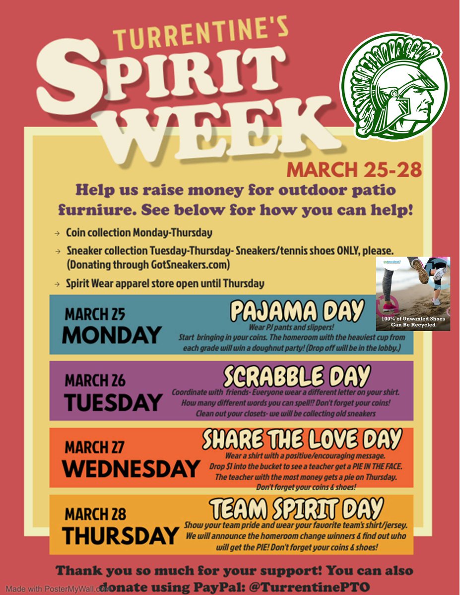 Happy Friday! Please take note that next week is SPIRIT WEEK. The PTO is organizing a fundraiser during the week for outdoor patio furniture, and also holding a sneaker collection. Classes will have a chance to win a doughnut party AND pie a teacher in the face.