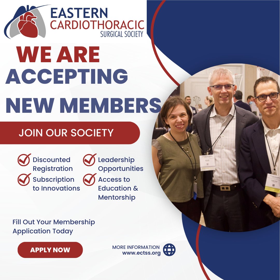 Apply to become a Member of the ECTSS Today! We are currently accepting applications for Active, Candidate and Affiliate Members! Apply here ectss.org/join/ #ECTSS #Cardiothoracic #CTsurgery #heartsurgery #lungsurgery #research #education #cardiac #thoracic #jointoday