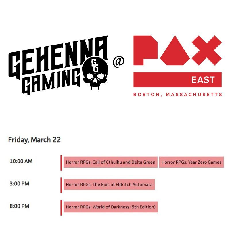 GehennaGaming's tweet photo. GOOD MORNING #PAXEAST! Day 2, and a new round of horror #TTRPGs to explore! Today's game lineup includes Call of Cthulhu, Delta Green, Alien, The Walking Dead, the World of Darkness this evening - and a very special Eldritch Automata epic where all our tables will band together! https://t.co/JEOVNQh92y