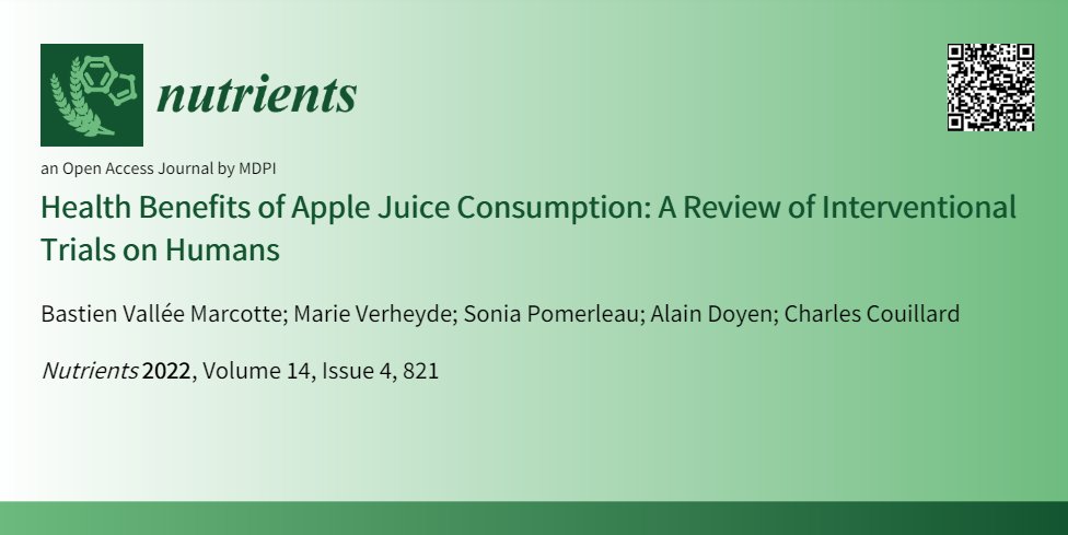 🥰🥰Welcome to the Editor’s Choice Article 'Health Benefits of Apple #Juice Consumption: A Review of Interventional Trials on Humans' by Prof. Charles Couillard et al. @MediPharma_MDPI @IreneCafarelli @_Sivasai @hectoralvareza1 mdpi.com/2072-6643/14/4…