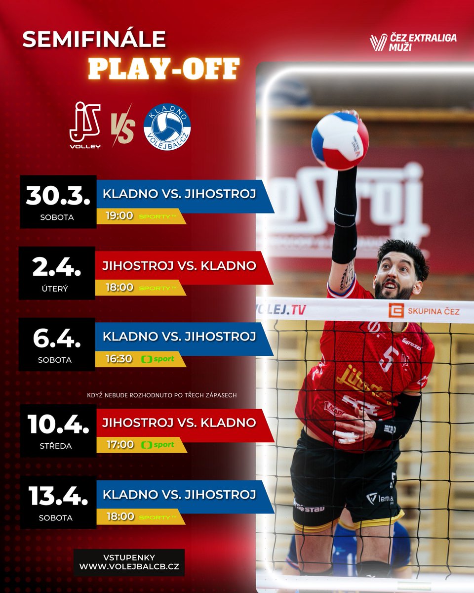 📆 | Boj o finále extraligy zahájíme na hřišti Kladno volejbal cz ⚔️ Doma to společně rozjedeme 2. dubna! 😍🎉

VSTUPENKY NA SEMIFINÁLE ➡️ bit.ly/tickets-SF2