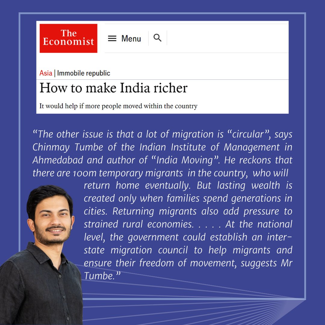 Economics at IIMA (@iima_economics) on Twitter photo Prof. Chinmay <a href="/ChinmayTumbe/">Chinmay Tumbe</a> in <a href="/TheEconomist/">The Economist</a>.
🔗economist.com/asia/2024/03/2…
..For more on the topic, check out Prof. Chinmay's paper "Towards an Inter-State Migration Council"
🔗cprindia.org/wp-content/upl…
#Econtwitter #Migration #policy
1/2 Prof. Chinmay <a href="/ChinmayTumbe/">Chinmay Tumbe</a> in <a href="/TheEconomist/">The Economist</a>.
🔗economist.com/asia/2024/03/2…
..For more on the topic, check out Prof. Chinmay's paper "Towards an Inter-State Migration Council"
🔗cprindia.org/wp-content/upl…
#Econtwitter #Migration #policy
1/2