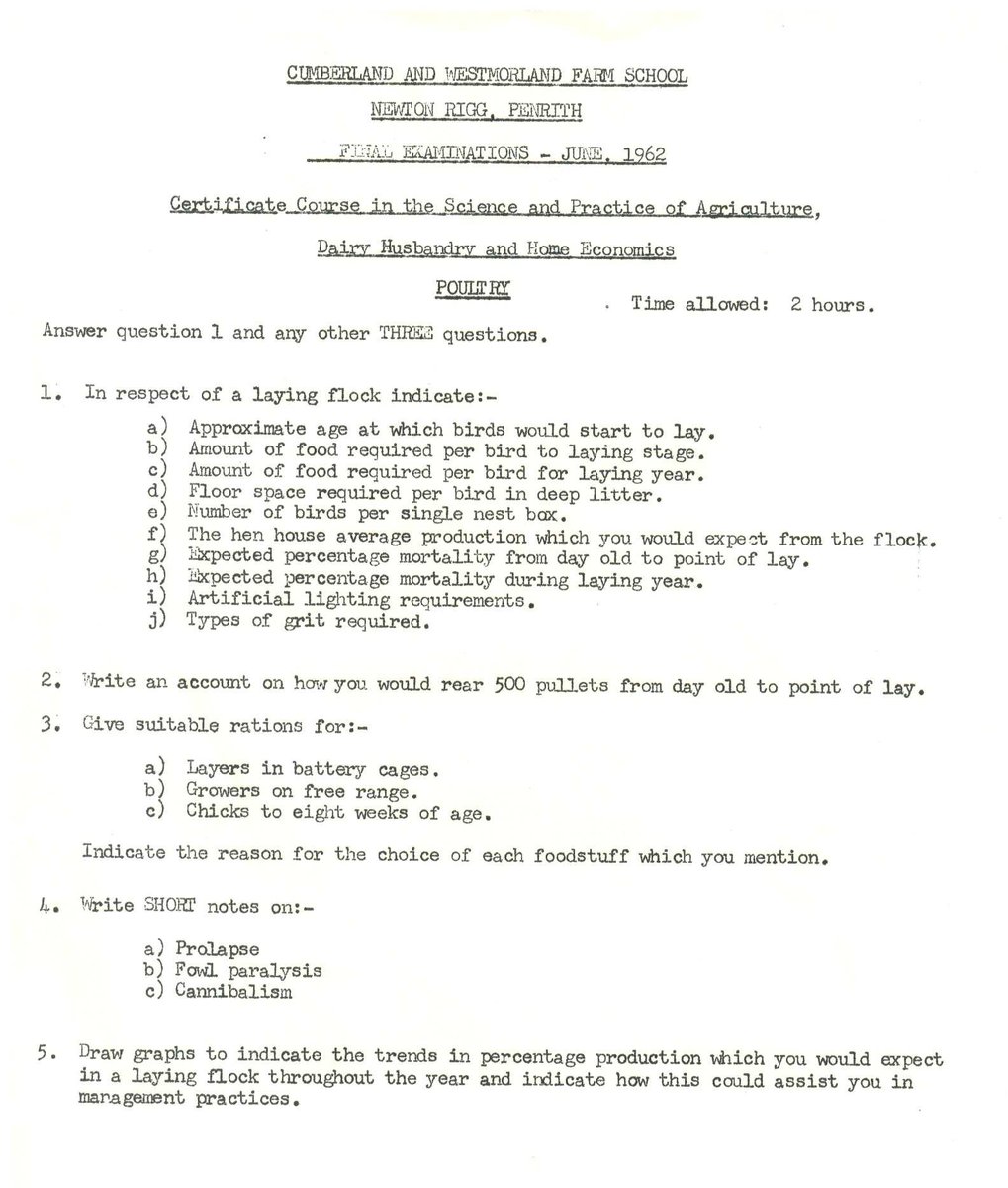 An exam for the Science and Practice of Agriculture course at Newton Rigg. This paper is from 1962 and shows final examination questions this section is on poultry. #CarlisleArchives #ExploreYourArchives #NewtonRiggCollege @farmernetwork1 @CumbriaYFC @NFYFC @TheMERL