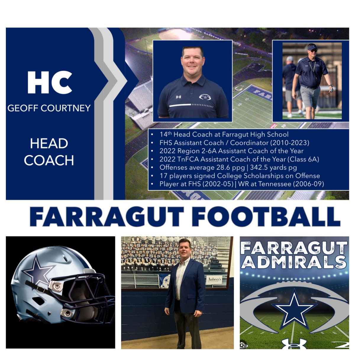 Introducing our new Head Football Coach at Farragut High School GEOFF COURTNEY! ⚓️🏈 ⁦@WATESports⁩ ⁦@WBIRSports⁩ ⁦@wvltrick⁩ ⁦@5StarPreps⁩ ⁦@prepxtra⁩ ⁦@TJ3rd_⁩ ⁦@FarragutFB⁩ ⁦@Packer_sports⁩ ⁦@West105_WFIV⁩