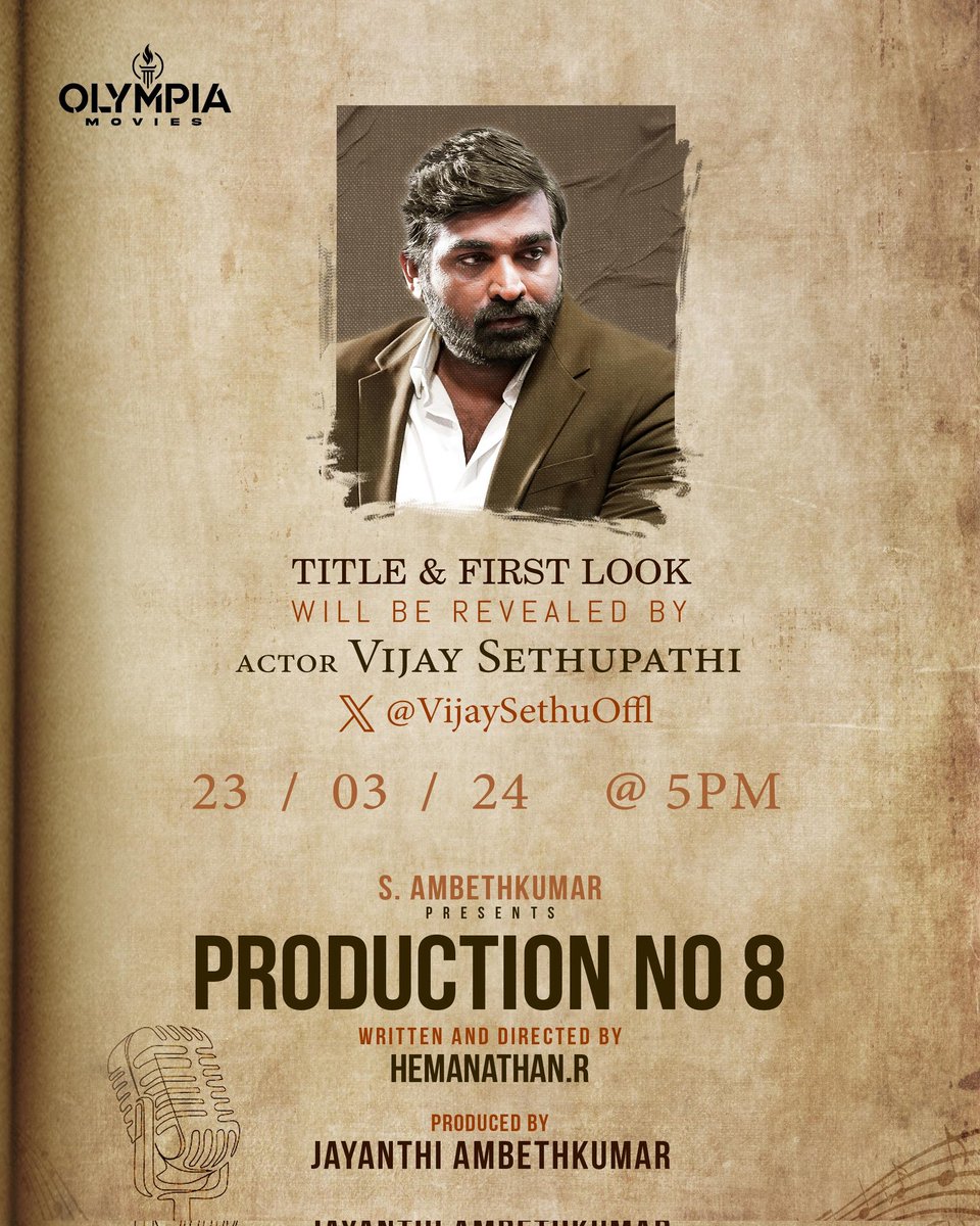 TamilTvChanExp's tweet photo. MakkalSelvan @VijaySethuoffl 
Releasing the Title and First Look of @OlympiaMovis Next Tomorrow at 5 PM 

Starring @RJVijayOfficial and @ianjalinair  

Directed by #Hemanathan https://t.co/9fFBZplcE7