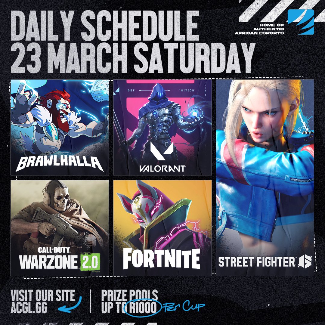 AfricanGaming's tweet photo. π
Saturday's online cups:
β #Fortnite
π₯#StreetFighter6
πͺ #Warzone2
π»#Valorant
π₯#Brawlhala
π° Up to R1,000 cash per cup.
π Register for free: https://t.co/QNoe4zW4E9
#FortniteZA #BrawlZA #WarzoneZA #FGCZA #AfricanEsports #esportsZA #esports https://t.co/aQGEsI2bVJ