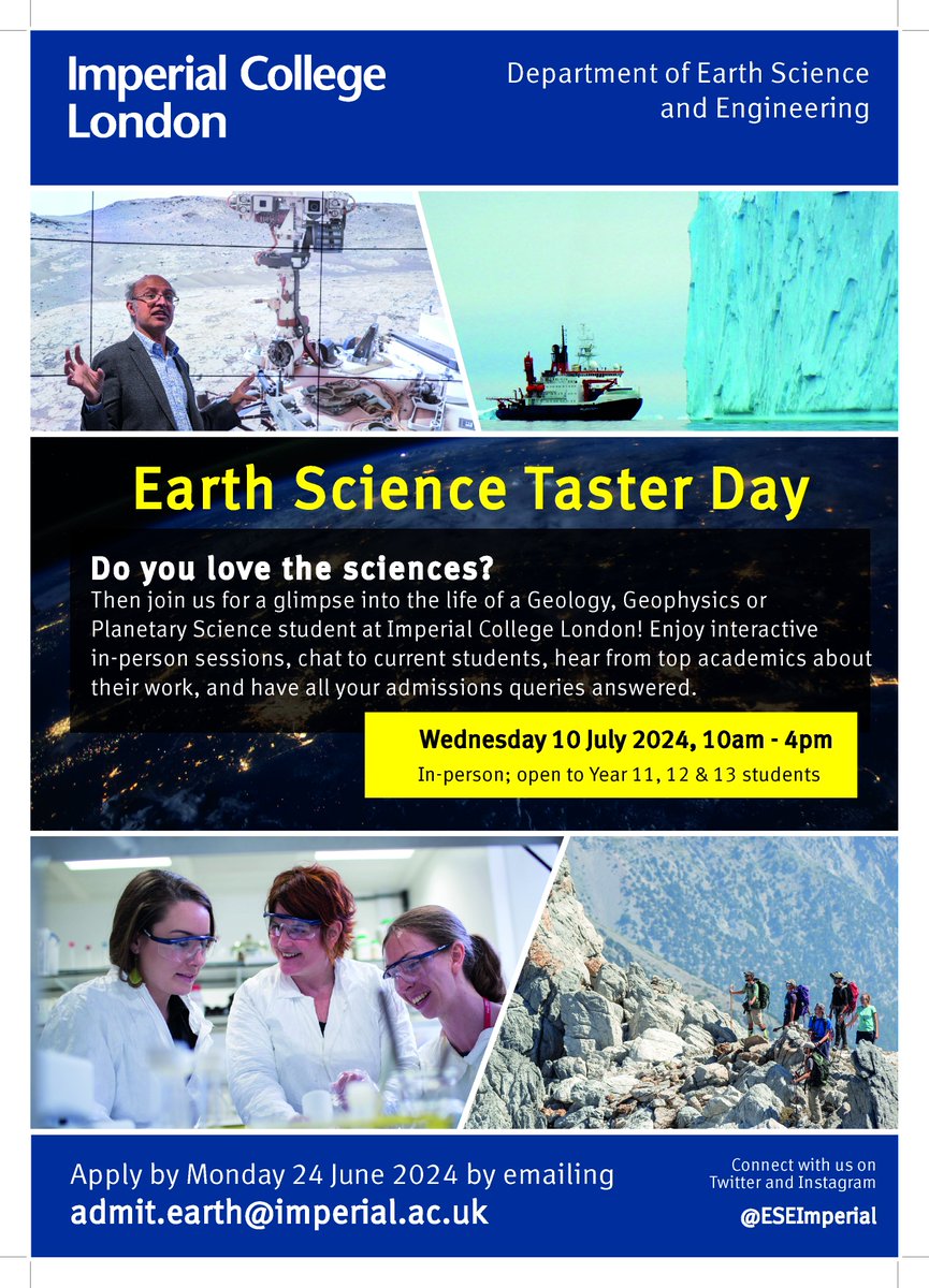 icoutreach's tweet photo. In Year 11-13 &amp; love the sciences? Join @ESEImperial on Weds 10 July to find out about life as a Geology, Geophysics or Earth &amp; Planetary Science student!
Meet students, world-leading academics &amp; have your admissions queries answered!
email admit.earth@imperial.ac.uk to apply https://t.co/PPYiSTu1Oq