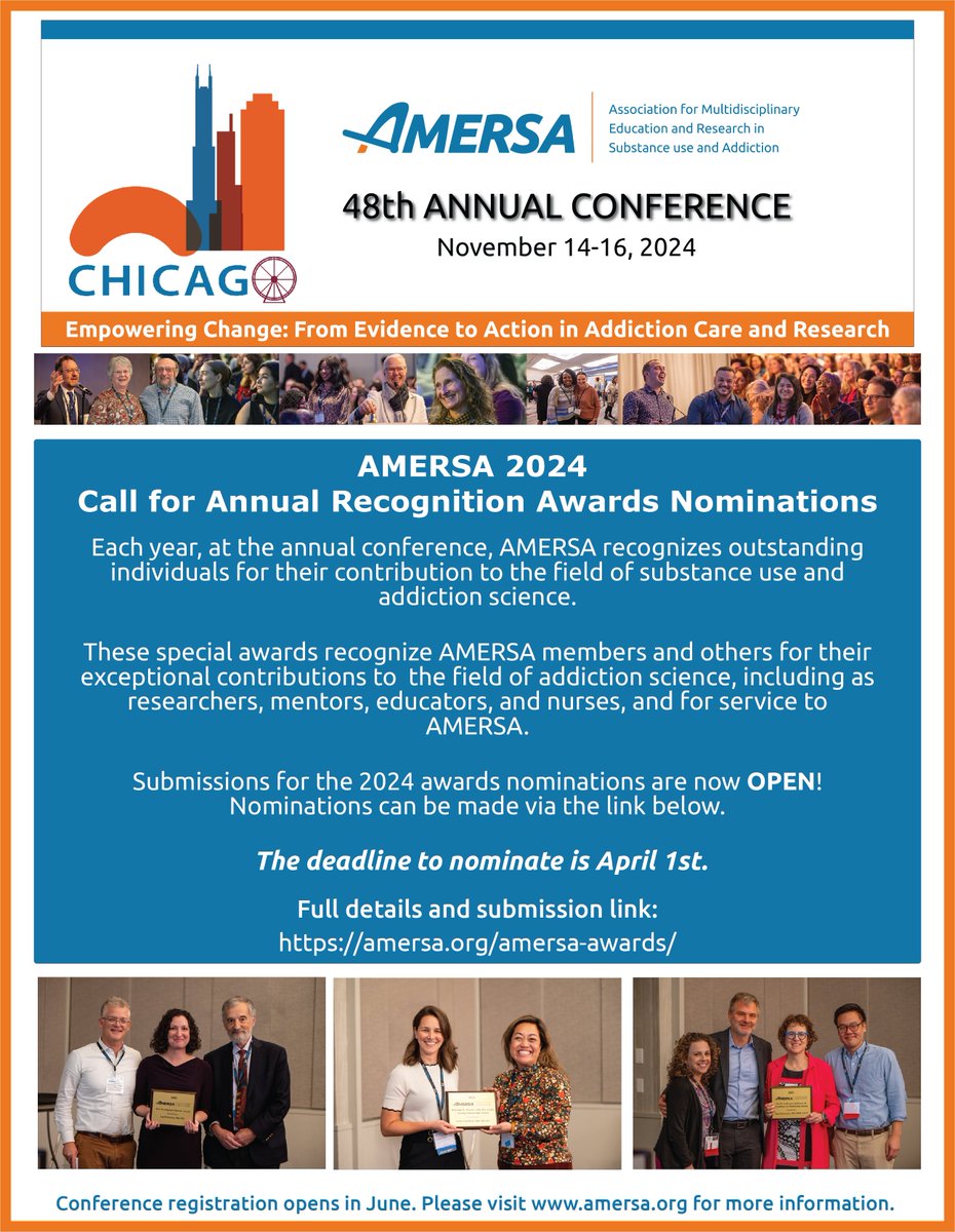 Just 12 days left to submit nominations for our Annual Recognition Awards! The deadline to nominate is April 1st. Help us recognize outstanding individuals for their contribution to the field of substance use & addiction science. Visit amersa.org/amersa-awards/ for awards info.