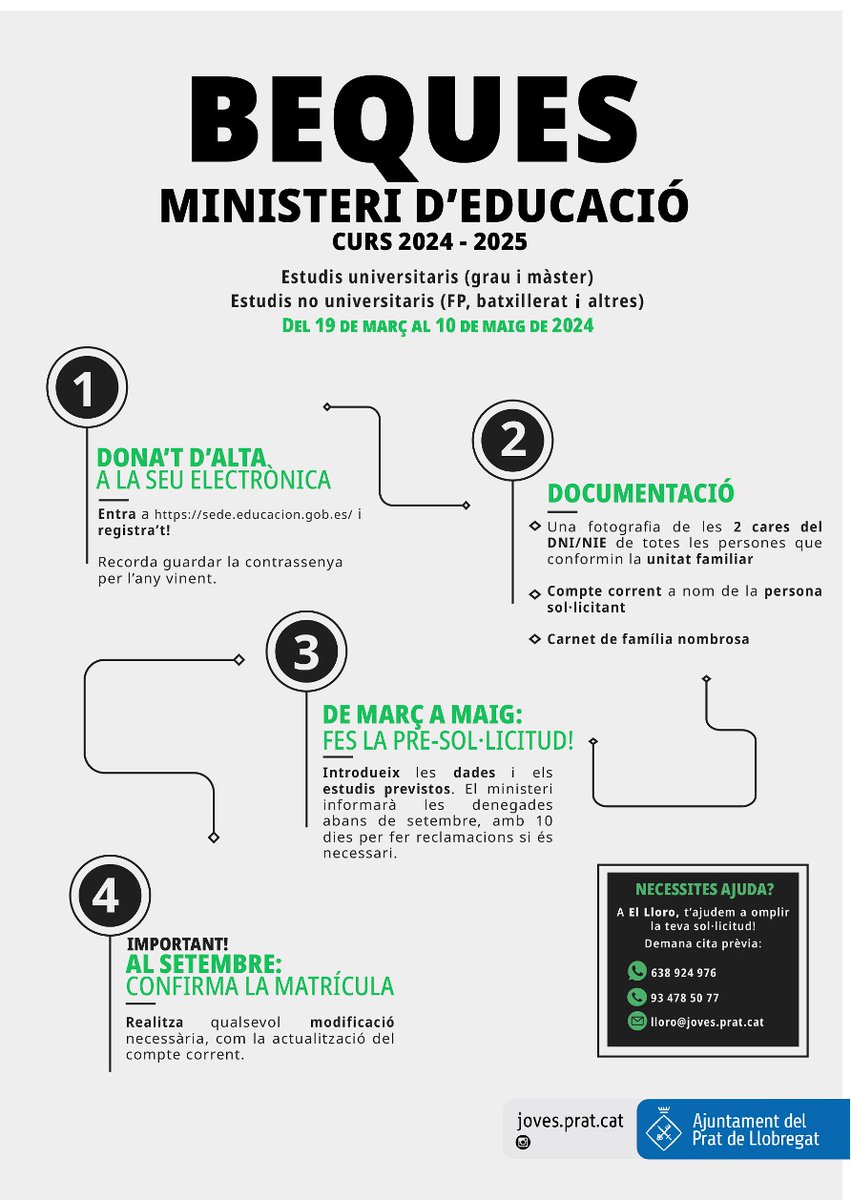 ✍️ Obert el termini per demanar les beques del Ministeri d'Educació per al curs 2024-2025!

✅ Estudis universitaris (grau i màster)
✅ Estudis no universitaris (FP, Batxillerat i altres)

📅 Fins al 10 de maig!

📌 Al Lloro, t'ajuden a omplir la teva sol·licitud amb cita prèvia!