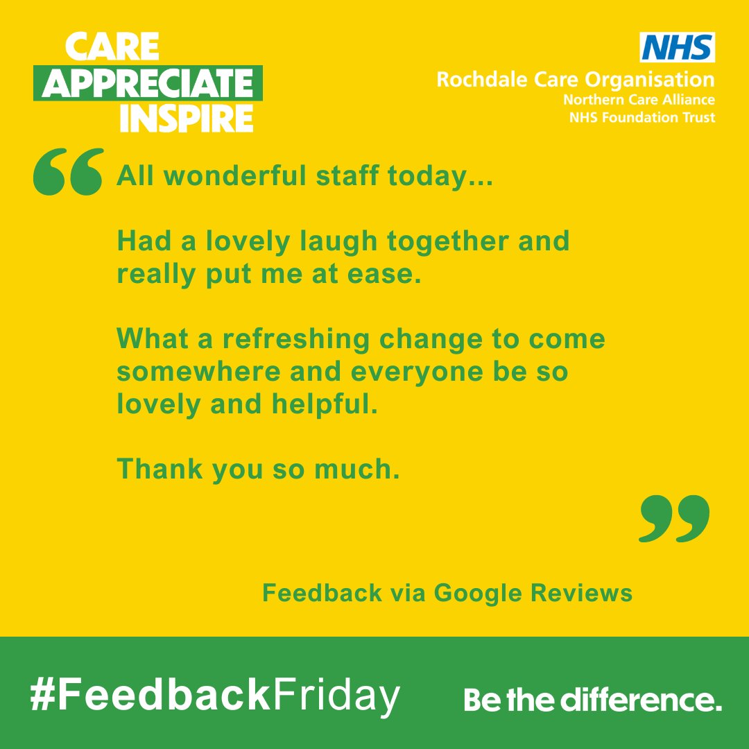 Another positive #PatientExperience at Rochdale Infirmary!

💛 Thank you colleagues for delivering such high-quality care with compassion.

We think that's worth shouting about on #FeedbackFriday.