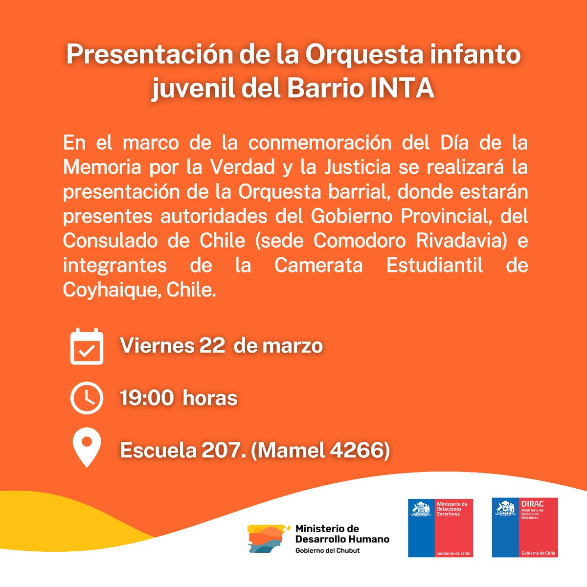OrquestaIntatw's tweet photo. 📣¡Es hoy!

@gerardomerinotw @NachoTorresCH @TWMunicipalidad @ElChubut @JornadaWeb @Canal12web @TveoT https://t.co/zvHbaMjMip