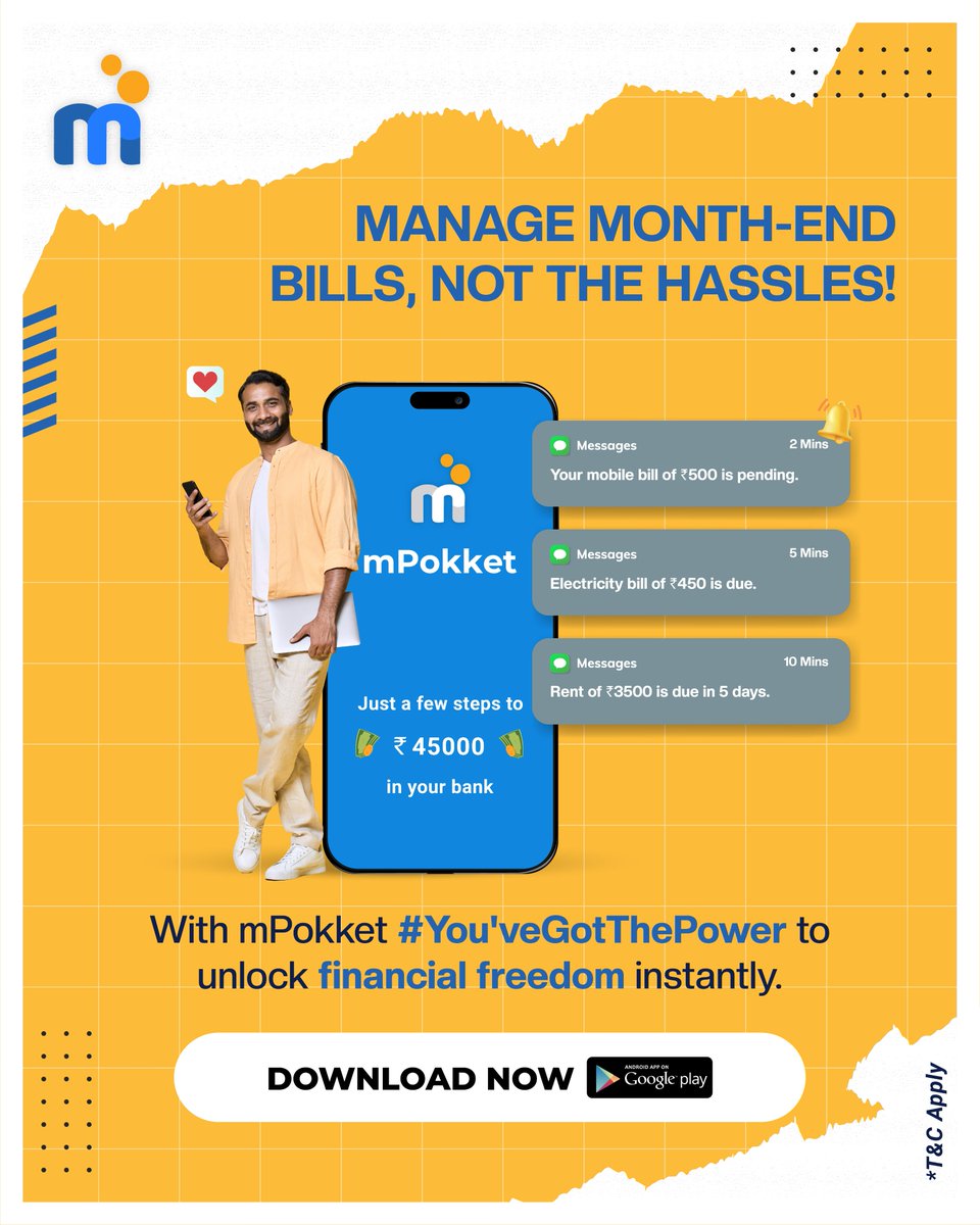 mPokketOfficial's tweet image. Download the mPokket app 📲 to avail 100% online instant loans upto Rs. 45,000 with zero physical paperwork👍&amp;amp; get set to breeze through that month-end cash crunch with zero hassles😊

#FearNoMore #MonthEnd #HasslesFree #InstantLoan #InstantMoney #InstantCash #Fintech #mPoket