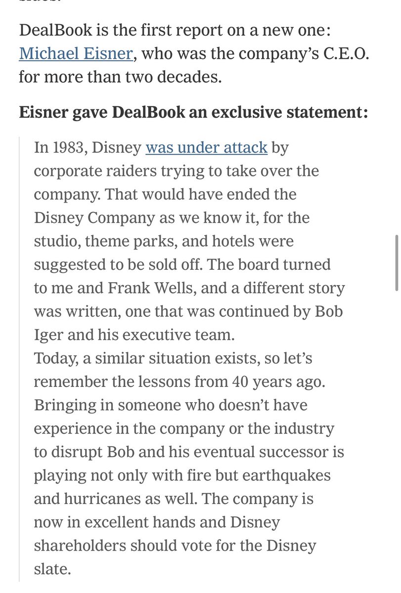 Michael Eisner is the latest to weigh in on Iger v Peltz. @dealbook is first with the news $dis