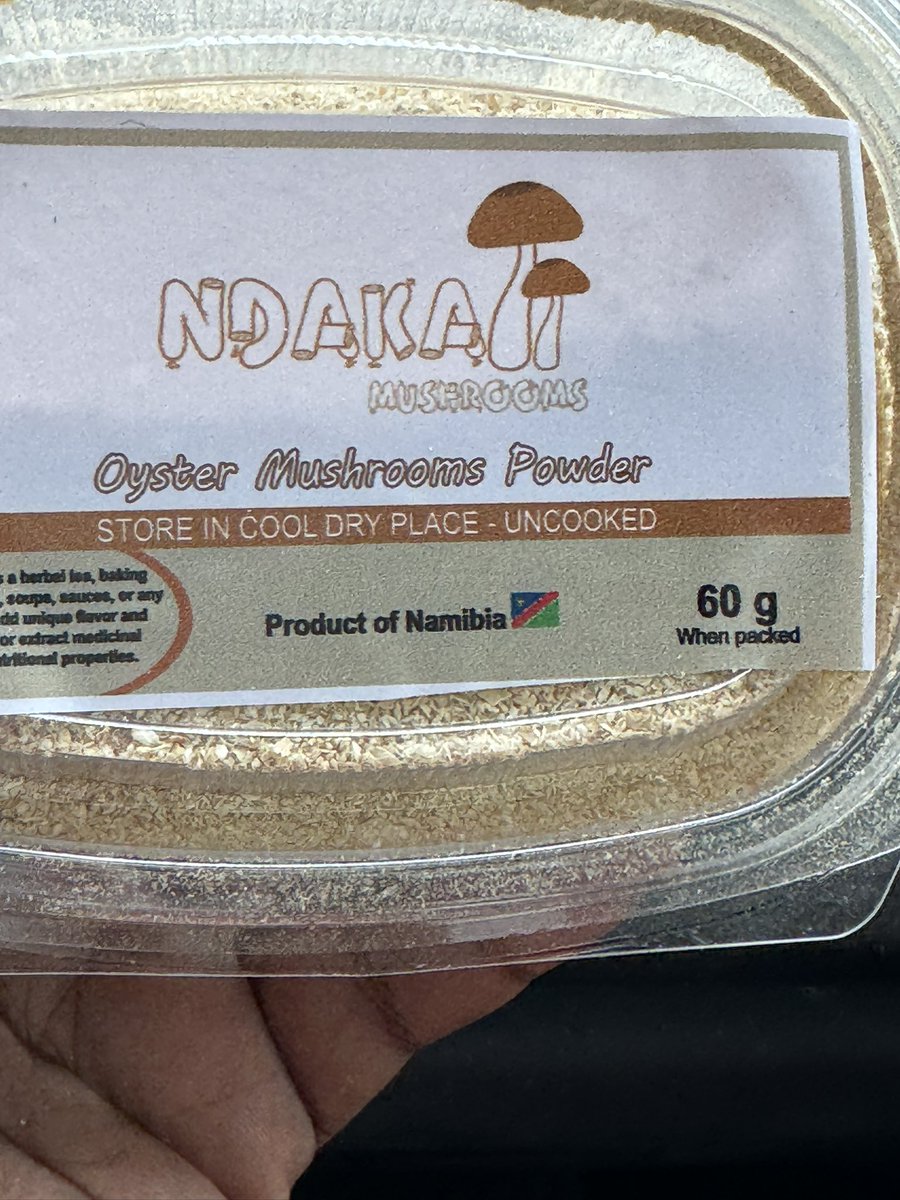 Got me a pack of Mushroom Biscuits & powder. The biscuits are sooo soft & delicious.

Available at Katakombe Restaurant Namibian Basket market pop-up today until Sunday. #Namproducts #Oystermushrooms