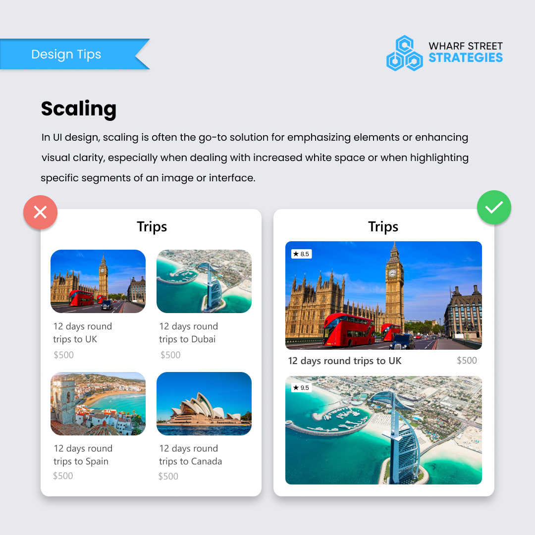 Scaling: the key to enhancing visual clarity and emphasizing elements in UI design. Whether it's managing white space or highlighting specific segments, it's a go-to solution for impactful design. Contact us at info@wharfstreetstrategies.com #scaling #design #EmptyStates