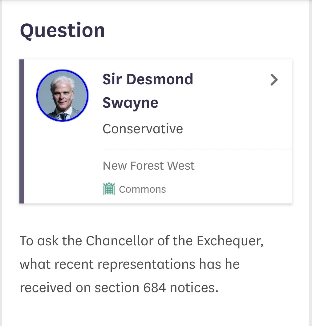 Thank you to Sir @DesmondSwayne for joining other MP's in questioning HMRC's use of #s684 notices. As with #LoanChargeScandal itself, retrospectively transferring PAYE liability to employee is unjust. questions-statements.parliament.uk/written-questi…