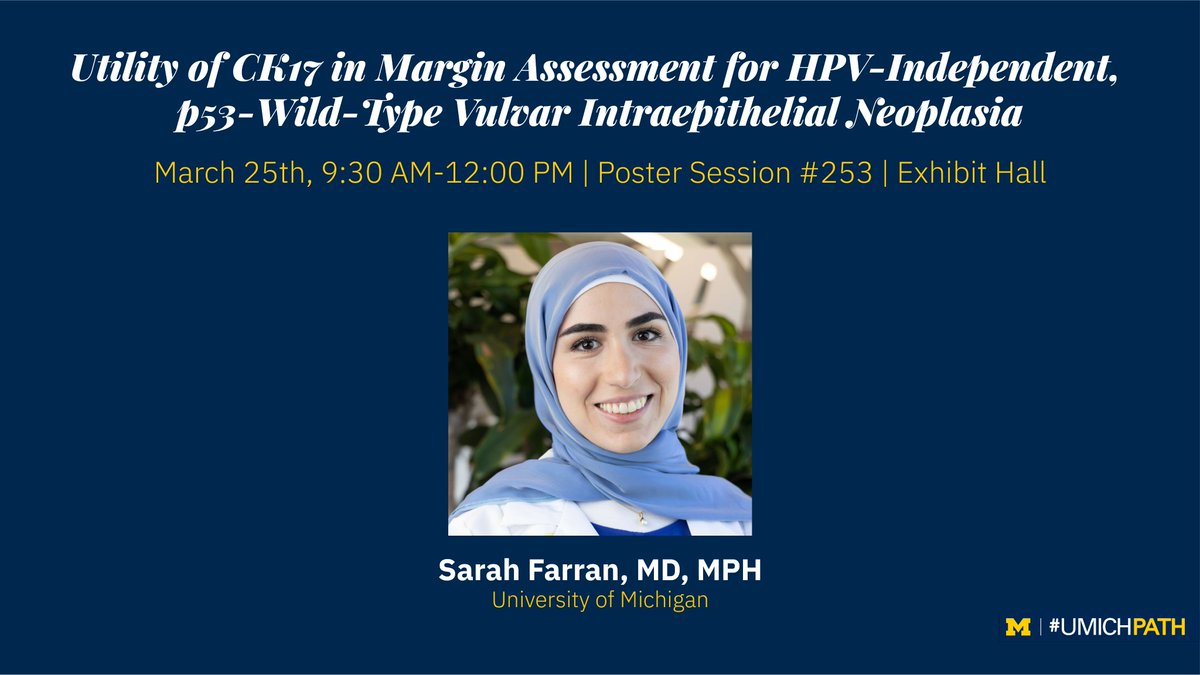 Michigan Pathology (@umichpath) on Twitter photo PGY-2 <a href="/sarahnfarran/">Sarah Farran, MD, MPH</a> will share her poster Utility of CK17 in Margin Assessment for HPV-Independent, p53-Wild-Type Vulvar Intraepithelial Neoplasia during the Stowell-Orbison/Surgical Pathology/Autopsy Award Poster Session. #USCAP2024 #UMichPath PGY-2 <a href="/sarahnfarran/">Sarah Farran, MD, MPH</a> will share her poster Utility of CK17 in Margin Assessment for HPV-Independent, p53-Wild-Type Vulvar Intraepithelial Neoplasia during the Stowell-Orbison/Surgical Pathology/Autopsy Award Poster Session. #USCAP2024 #UMichPath