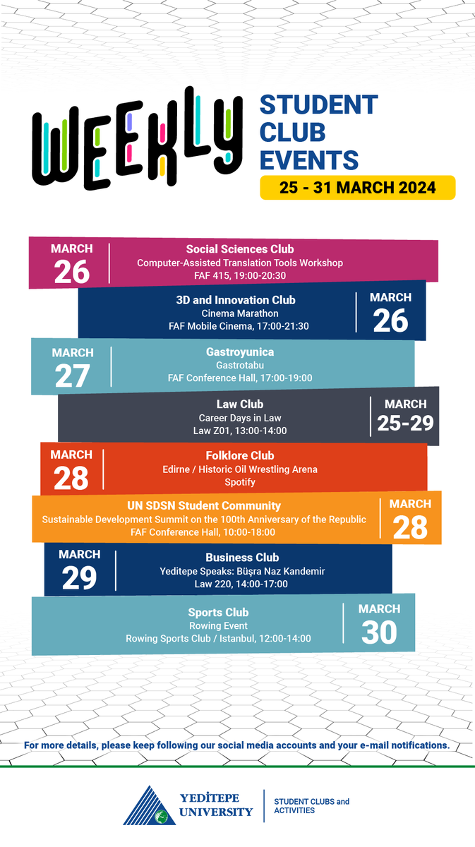 📢Yeditepe Students!
Here is next week’s student club event calendar! 🗓

📢Yeditepeli,
İşte gelecek haftanın öğrenci kulüp etkinlik takvimi! 🗓️

#Yeditepeüniversitesi #YeditepeUniversity #Event #Etkinlik #ÖğrenciKulüpleri #StudentClub