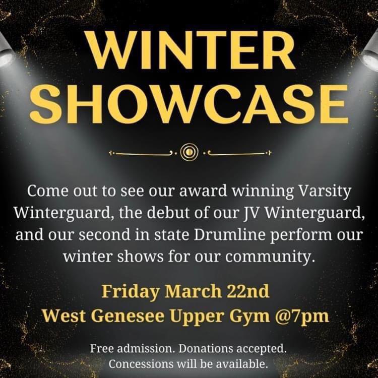 Haven't had a chance to see our Winter Ensembles yet? Come on out to our Winter Showcase tonight at 7pm at the HS! These groups (Varsity/JV Winterguards and Drumline) amazing-you don't want to miss seeing them perform! <a href="/WGFineArts/">West Genesee Fine Arts</a> <a href="/jdbillscnzm/">David C. Bills</a> <a href="/McBandWG/">Erin Mcconnell</a> <a href="/MoserVogler/">Kelly Moser-Vogler</a> <a href="/MrsKlefbeck/">Tracy Klefbeck</a>