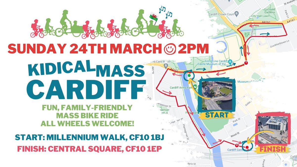 YES YES YES!! Join @KidicalMassCDF THIS SUNDAY for a fun, family-friendly #KidicalMass bike ride in #Cardiff to demand #StreetsForEveryone in Wales! 🚲🎶🗣️✊🏴󠁧󠁢󠁷󠁬󠁳󠁿🙌

📅 SUNDAY 24TH MARCH @ 2PM
📍 Start: Millennium Walk
🏁 Finish: Central Square
🚲 All wheels welcome!