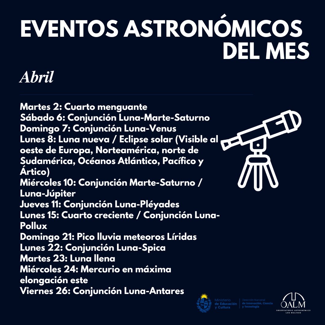 Ya falta poco para el inicio del cuarto mes del año. Aquí, los eventos astronómicos más importantes. #SomosMEC @dicytmec @MEC_Uruguay