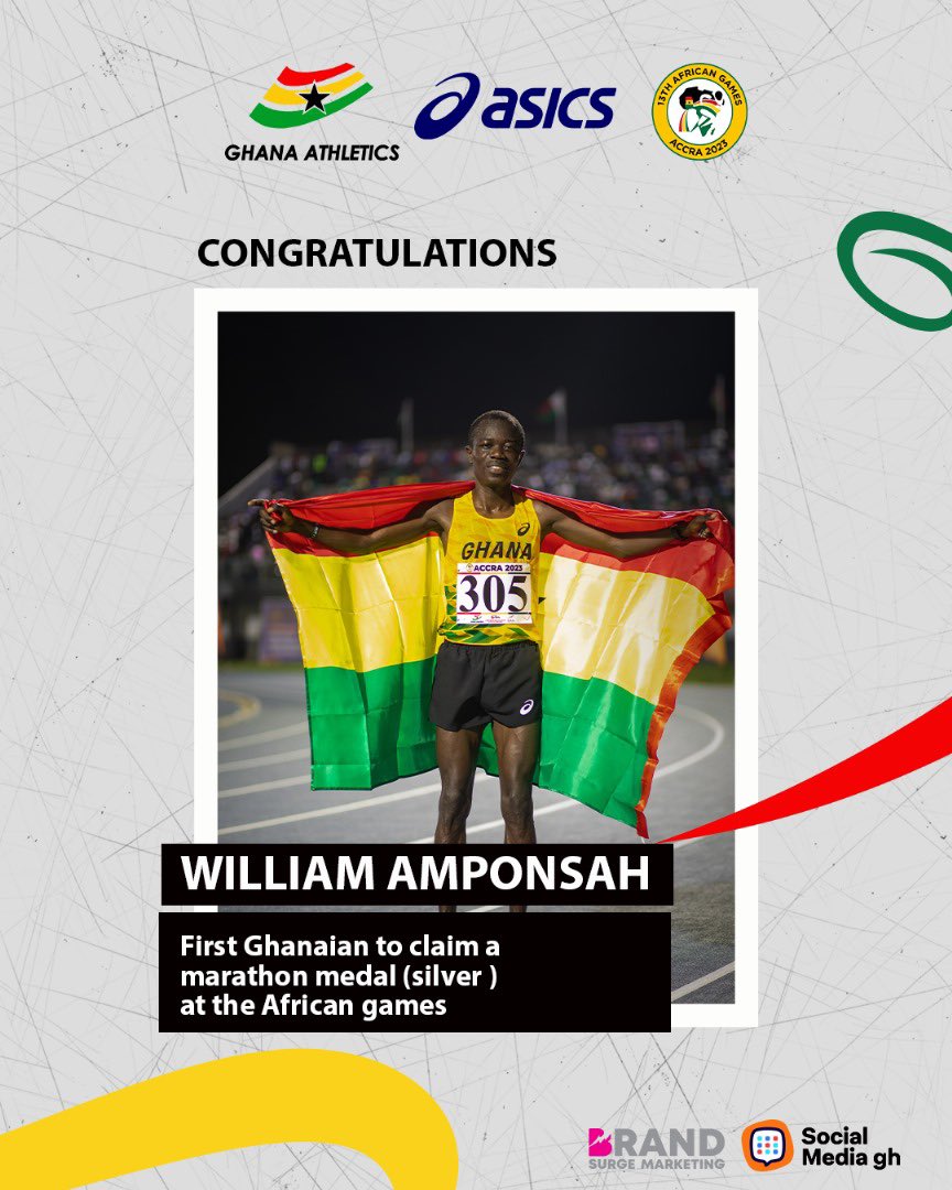 CONGRATULATIONS William Amponsah wins SILVER, making history as the first Ghanaian to win a medal in Marathon at the Africa Games. We are PROUD of you. [#Accra2023 #AfricanGames #GhanaAthletics]