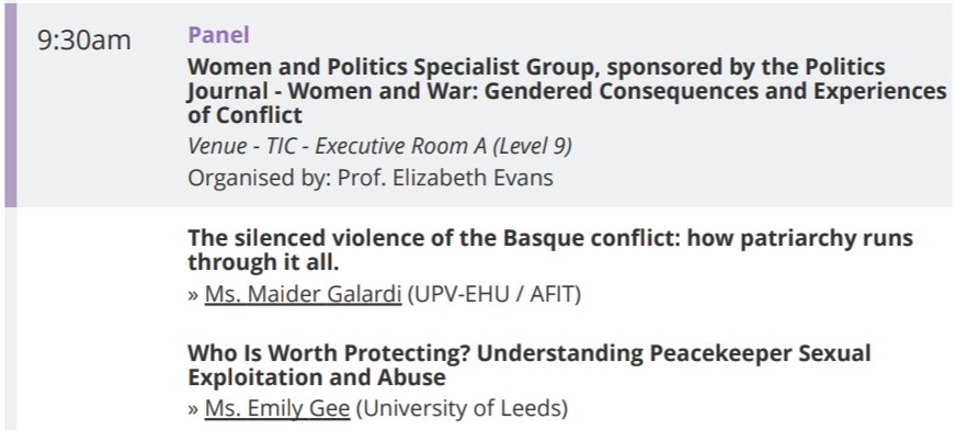 We finish up our programme on Tuesday at 9:30 with a panel on 'Women and War', sponsored by @JournalPolitics (TIC Executive Room A, level 9). Chair and discussant @ProfLizJEvans Presentations by @MaiderGalardi @EmilyRGee
