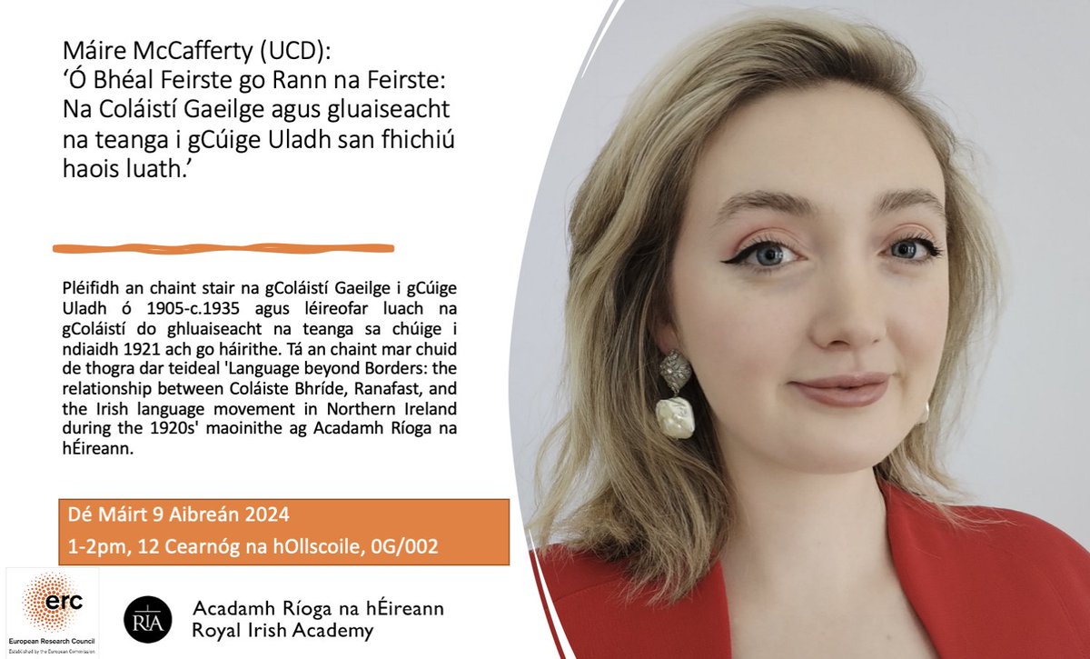 Roinn na Gaeilge, Ollscoil na Banríona (@qub_gaeilge) on Twitter photo Dáta don dialann: Beidh Máire McCafferty <a href="/MaireMcCafferty/">Máire McCafferty</a> linn ar an 9 Aibreán chun gluaiseacht na Gaeilge i gCúige Uladh a phlé. Is mac léinn PhD í Máire ar an mhórthionscadal <a href="/LanguagesYouth/">YEELP</a> agus tá an tionscnamh áirithe seo maoinithe ag <a href="/RIAdawson/">Royal Irish Academy</a>. Dáta don dialann: Beidh Máire McCafferty <a href="/MaireMcCafferty/">Máire McCafferty</a> linn ar an 9 Aibreán chun gluaiseacht na Gaeilge i gCúige Uladh a phlé. Is mac léinn PhD í Máire ar an mhórthionscadal <a href="/LanguagesYouth/">YEELP</a> agus tá an tionscnamh áirithe seo maoinithe ag <a href="/RIAdawson/">Royal Irish Academy</a>.