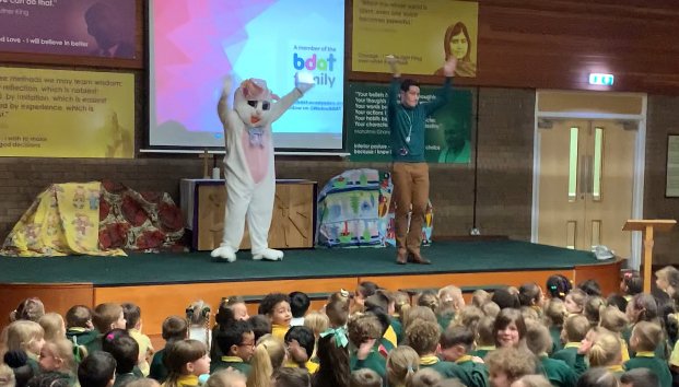 WeAreBDAT's tweet photo. Congratulations to @StJohnsCE who received a visit from the Easter Bunny yesterday to celebrate being the school with the most 100% attenders in the @WeAreBDAT Primary Attendance Competition https://t.co/BK9nPcbuZM