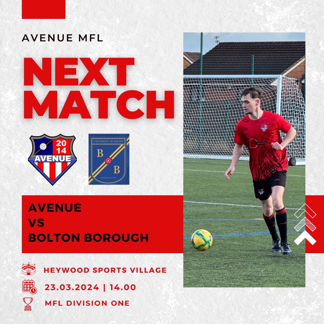 Avenue welcome @BoltonBoroughFC to Heywood Sports Village this Saturday in a @THEMCRFL Division One fixture. 🔴⚫️🔵