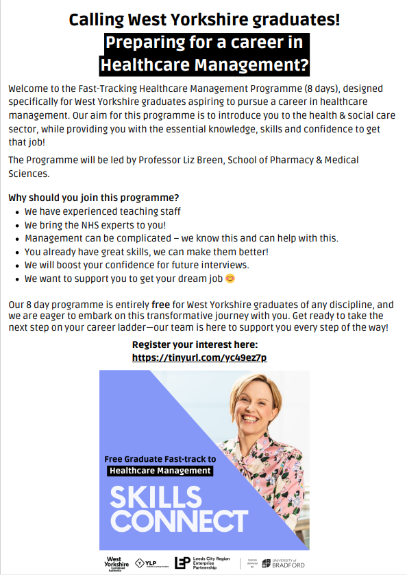 Want to support the patients of West Yorkshire by working in health & social care management? We can help!!! A free programme is now being offered @UniofBradford. If you are a recent WY graduate then you could be eligible for this. More info 👇@UniBradCareers