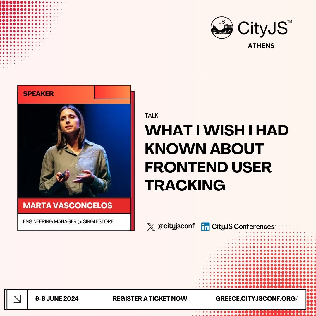 Want to find out what you wish you known about #frontend user tracking? 

<a href="/martaimv/">Marta Vasconcelos</a> from <a href="/SingleStoreDB/">SingleStore</a>  will be joining us from Porto 🇵🇹 telling us all about that

Get your ticket now #CityJSAthens 🇬🇷
athens.cityjsconf.org