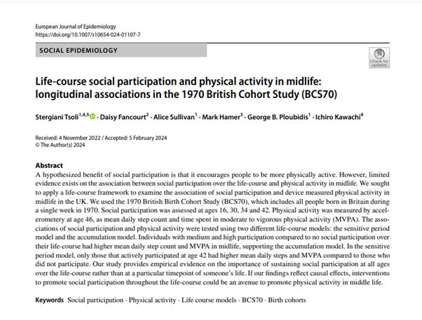 🚨New Paper🚨 now published in the European Journal of Epidemiology from my PhD. Life‑course social participation and accelerometer-based physical activity in midlife using #BCS70 👉link.springer.com/article/10.100… Key points 🧵