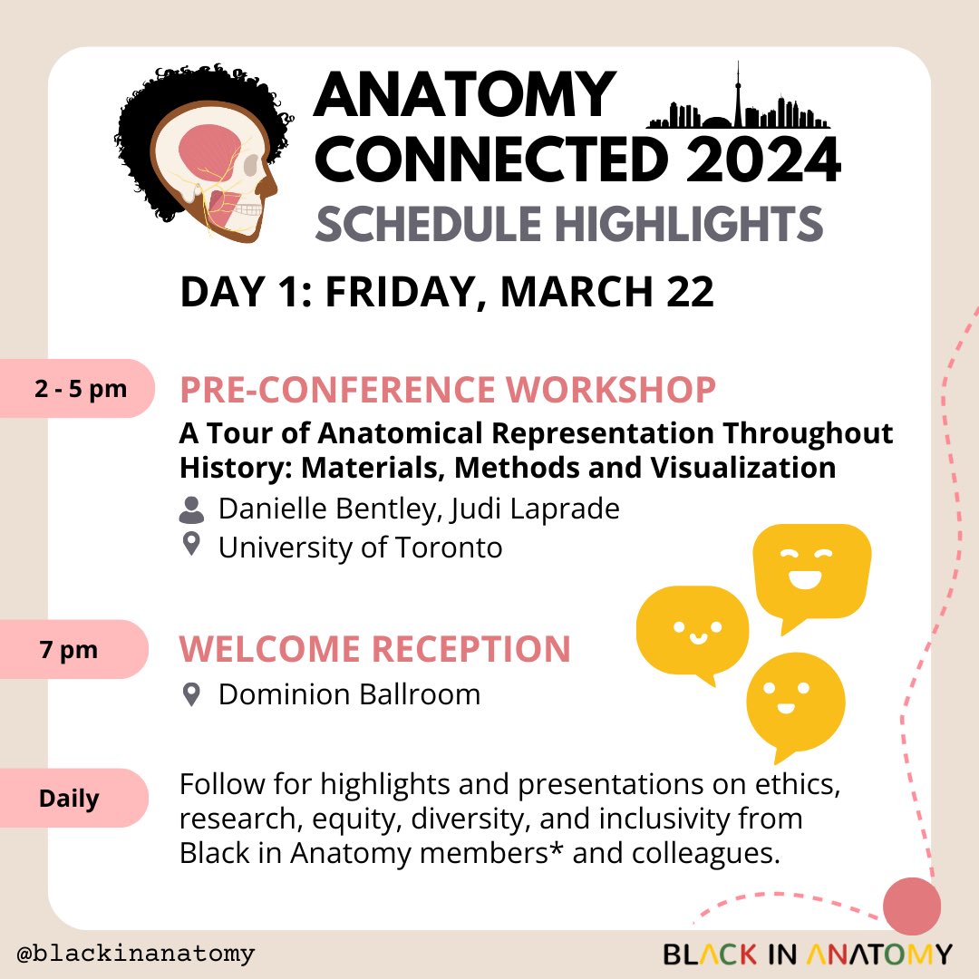 #BlackinAnat Schedule Highlights
Day 1: Friday, March 22, 2024 #Anatomy24. 
 
See you at the workshop: A Tour of Anatomical Representation Through History at 2 pm and in the Dominion Ballroom for the Welcome Reception at 7pm! Connect, celebrate, and kick off #AnatomyConnected24!