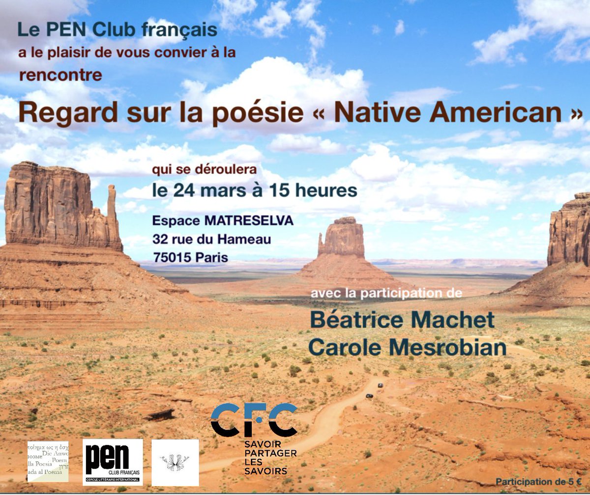 C'est dimanche, à 15 heures, 32 rue du Hameau, à Paris, Béatrice Machet venue de loin, comme la poésie Native American qu'elle offre à Recours au Poème - revue de poésie, qu'elle évoquera. Avec Recours au Poème - revue de poésie et le PenClub Français !